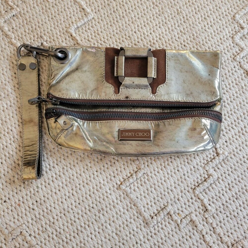 Jimmy Choo Clutch‎ Wristlet Bag Foldover Metallic 11 X 6 Distressed Logo …
